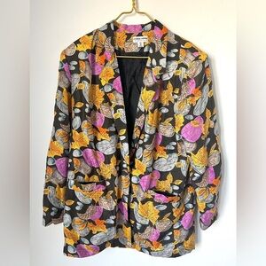 Vintage Carol Horn Workshop Colorful Leaves Silk Oversized Blazer Women’s 8 FLAW